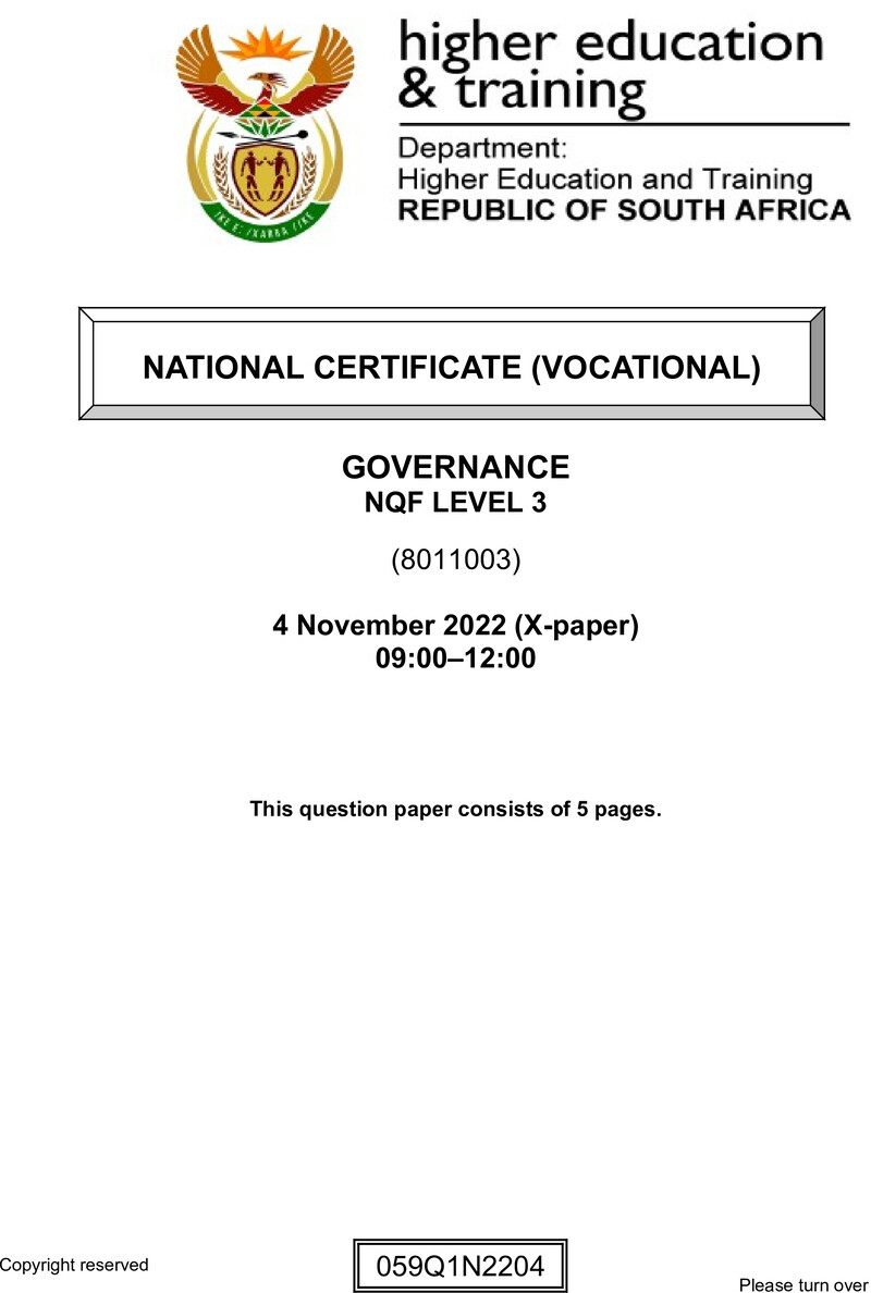 Governance Level 3 DHET NCV November 2022 Paper X - Question Paper
