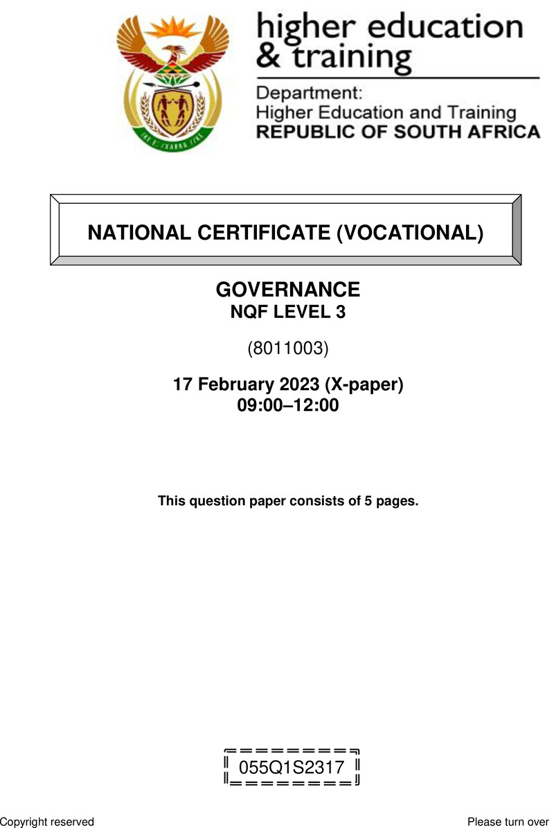 Governance Level 3 DHET NCV February 2023 Paper X - Question Paper