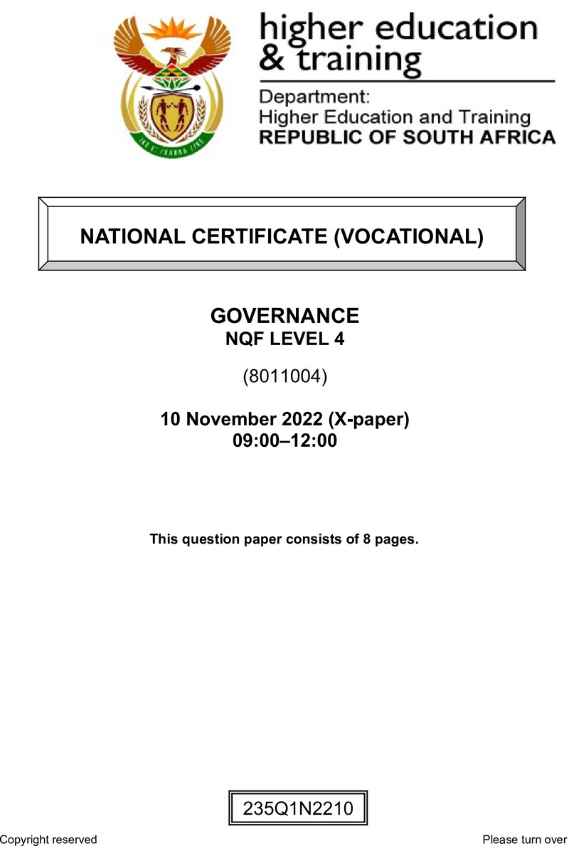 Governance Level 4 DHET NCV November 2022 Paper X - Question Paper