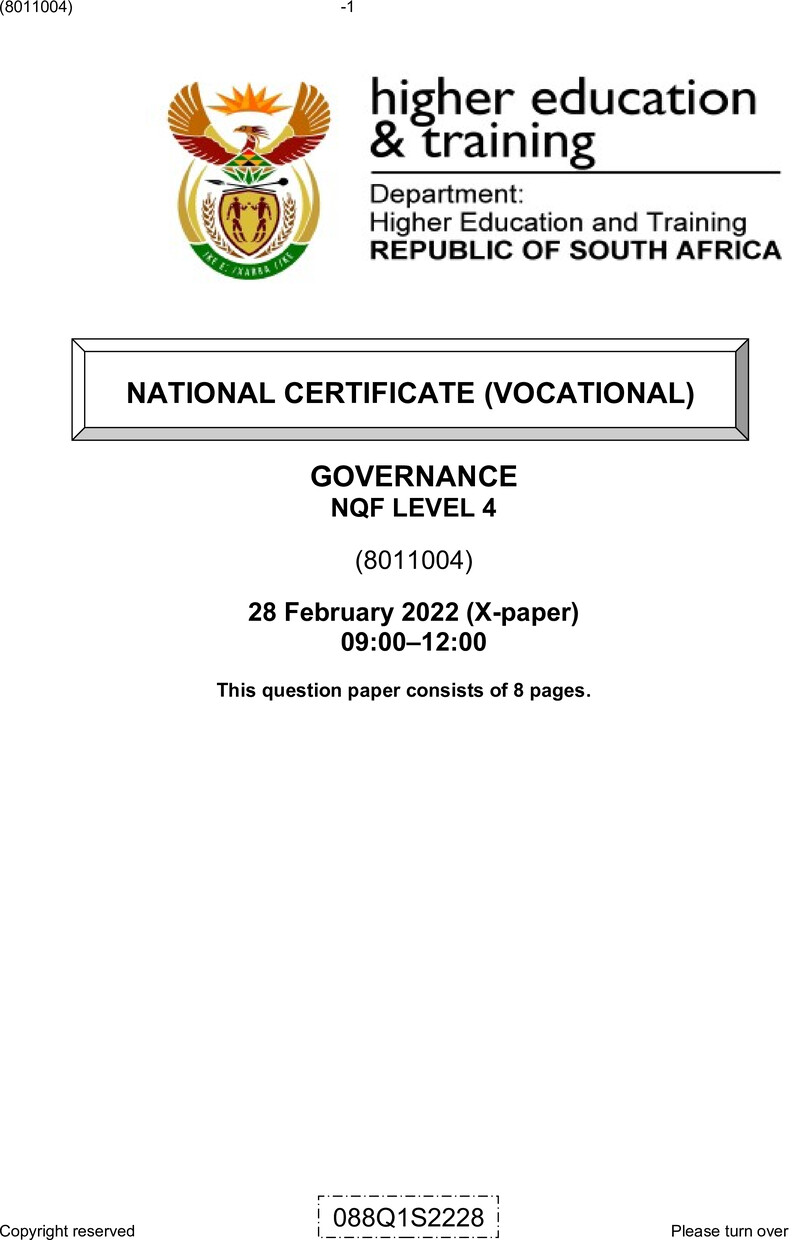 Governance Level 4 DHET NCV February 2022 Paper X - Question Paper