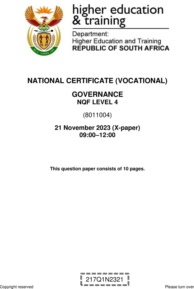 Governance Level 4 DHET NCV November 2023 Paper X - Question Paper