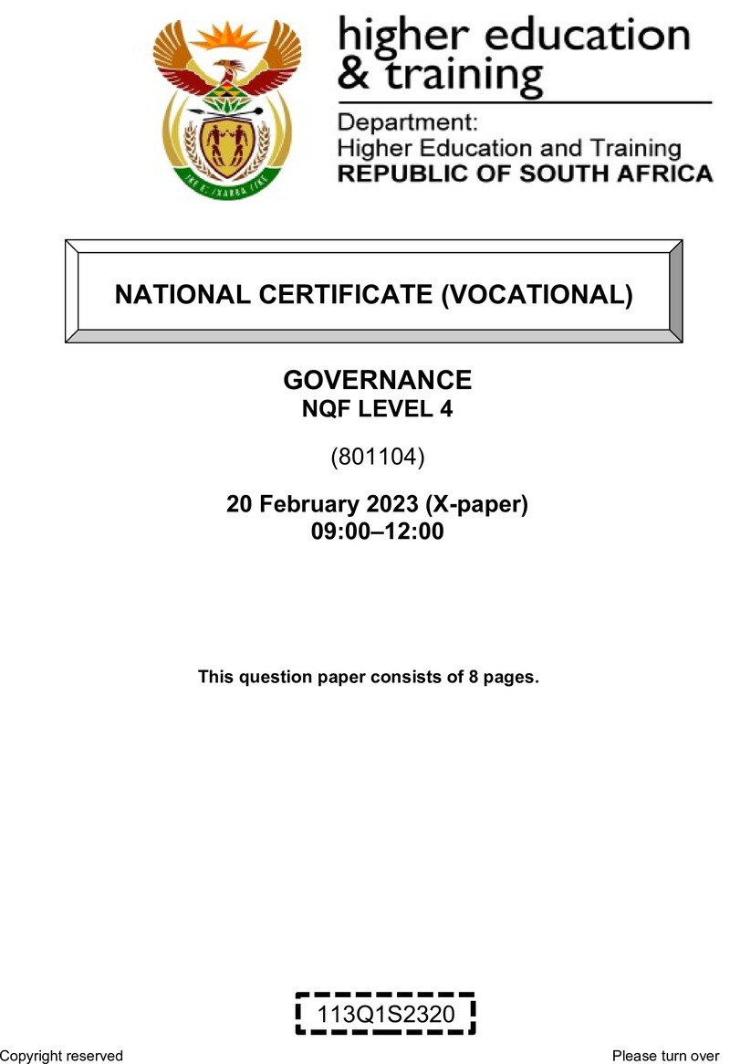 Governance Level 4 DHET NCV February 2023 Paper X - Question Paper