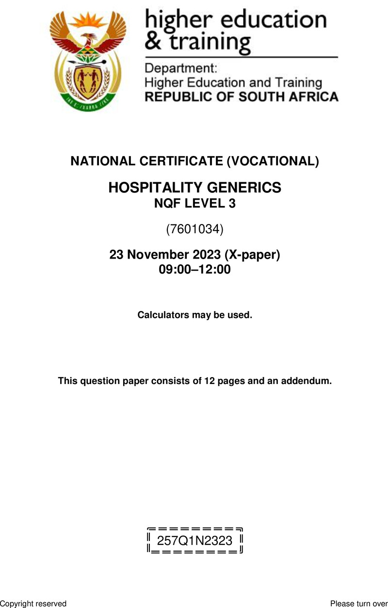 Hospitality Generics Level 3 DHET NCV November 2023 Paper X - Question Paper