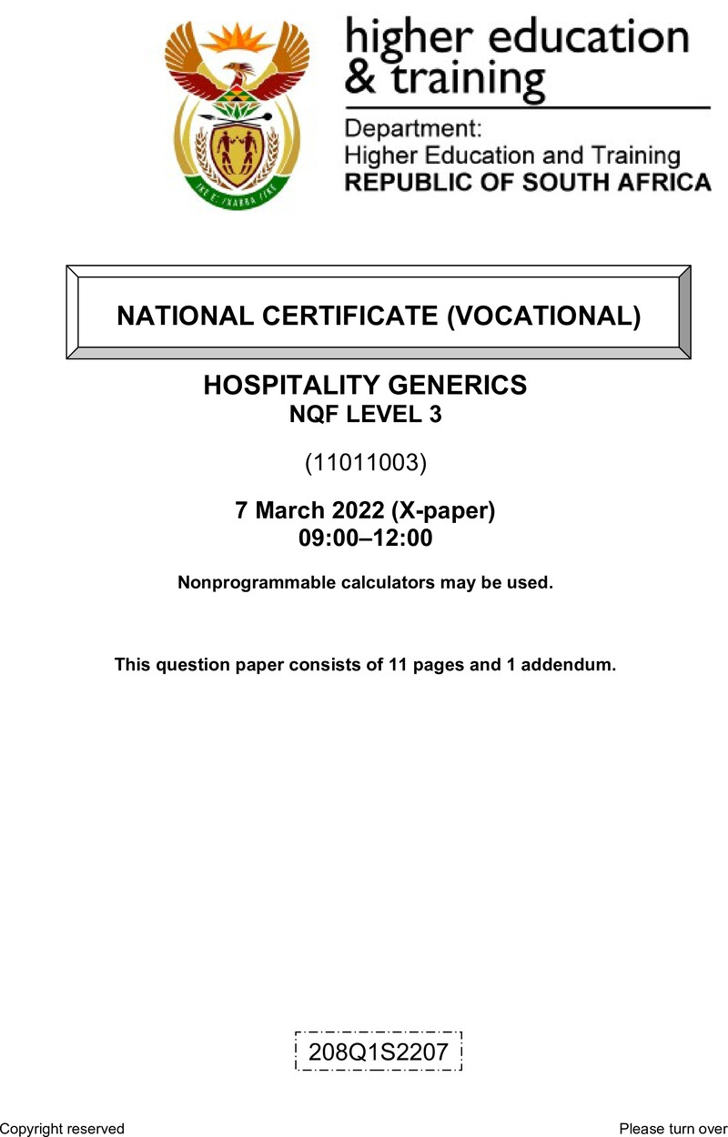 Hospitality Generics Level 3 DHET NCV March 2022 Paper X - Question Paper