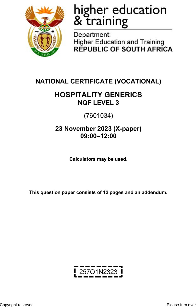 Hospitality Generics Level 3 DHET NCV November 2023 Paper X - Question Paper