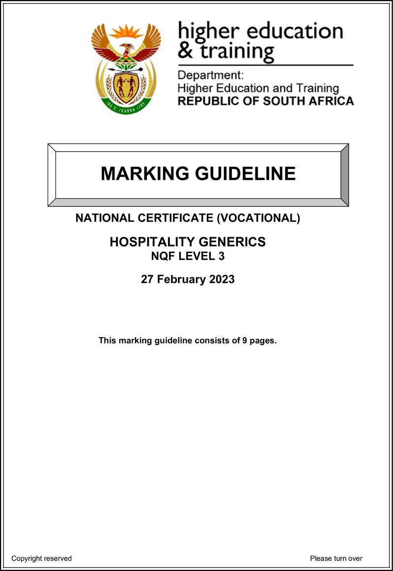 Hospitality Generics Level 3 DHET NCV 2023 - Memo