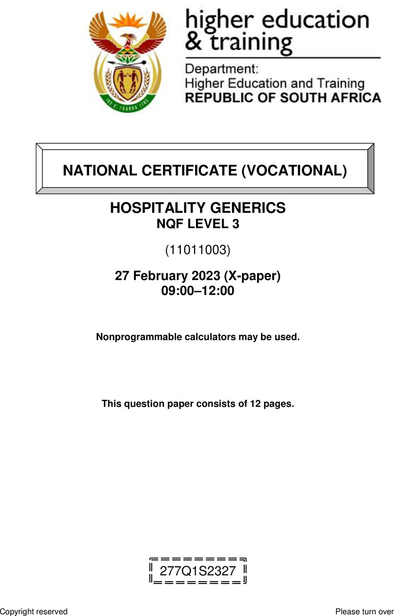 Hospitality Level 3 DHET NCV February 2023 Paper X - Question Paper