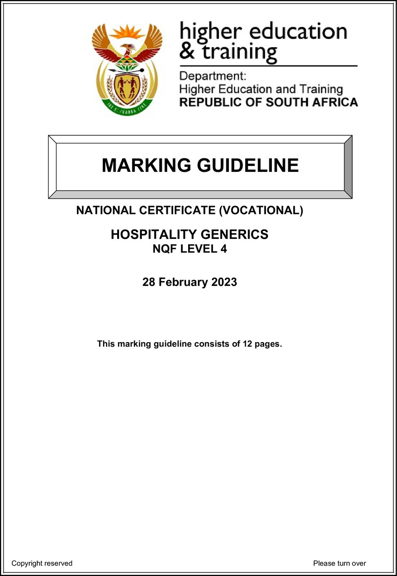 Hospitality Generics Level 4 DHET NCV February 2023 - Memo
