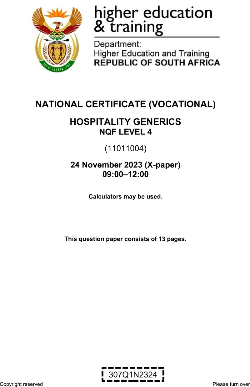 Hospitality Generics Level 4 DHET NCV November 2023 Paper X - Question Paper