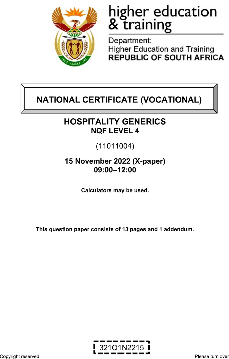 Hospitality Generics Level 4 DHET NCV November 2022 Paper X - Question Paper