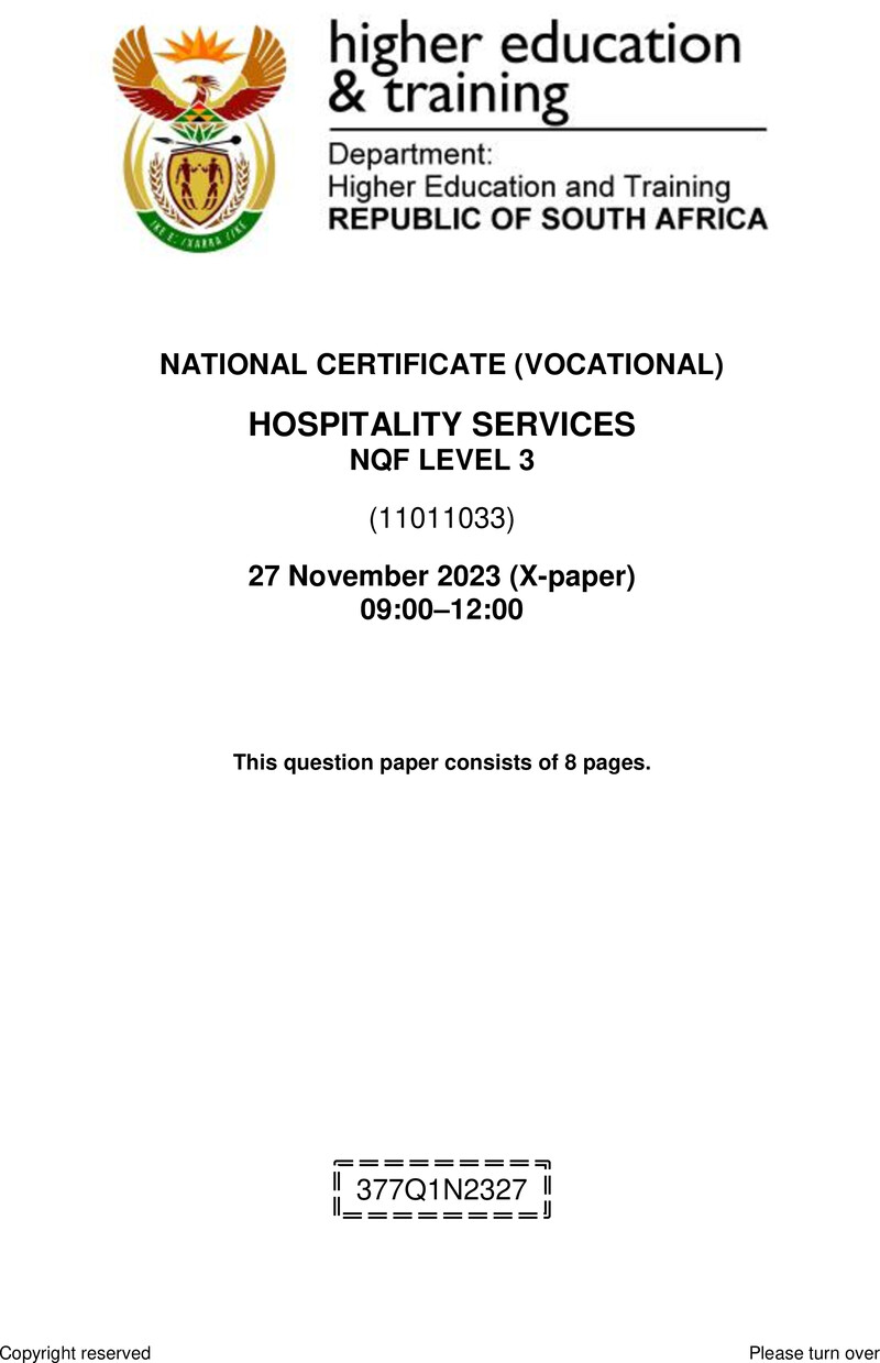 Hospitality Services Level 3 DHET NCV November 2023 Paper X - Question Paper