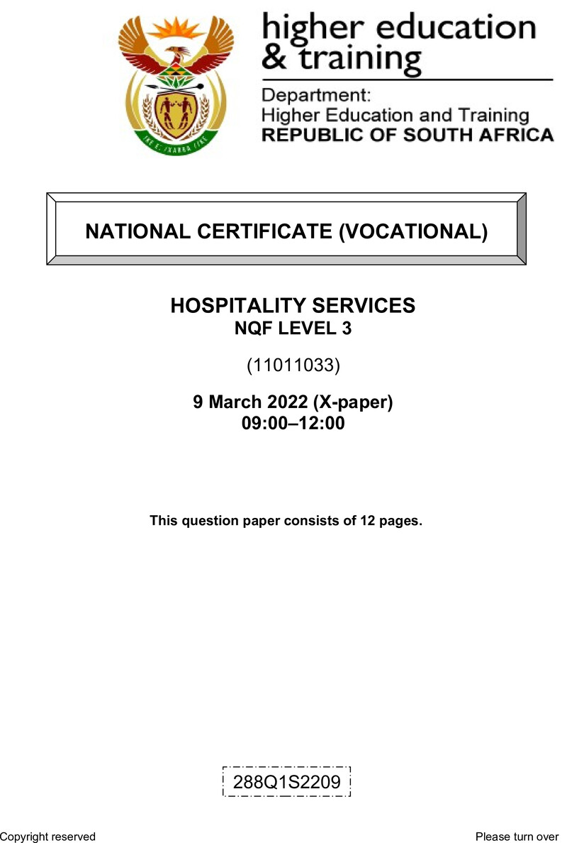Hospitality Services Level 3 DHET NCV March 2022 Paper X - Question Paper