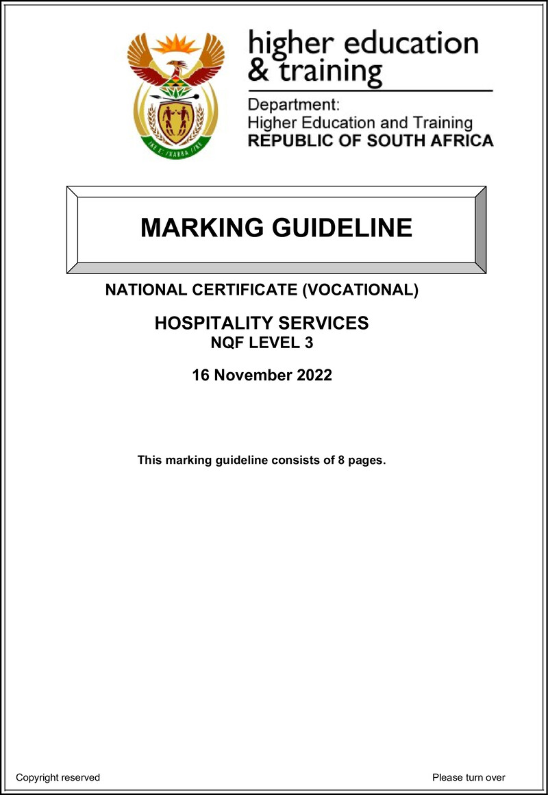 Hospitality Services Level 3 DHET NCV 2022 - Memo