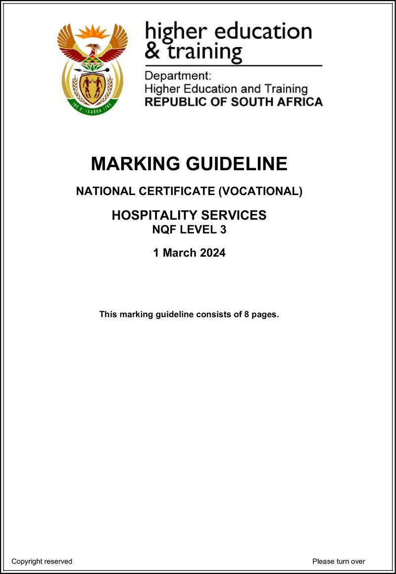 Hospitality Services Level 3 DHET NCV March 2024 - Memo