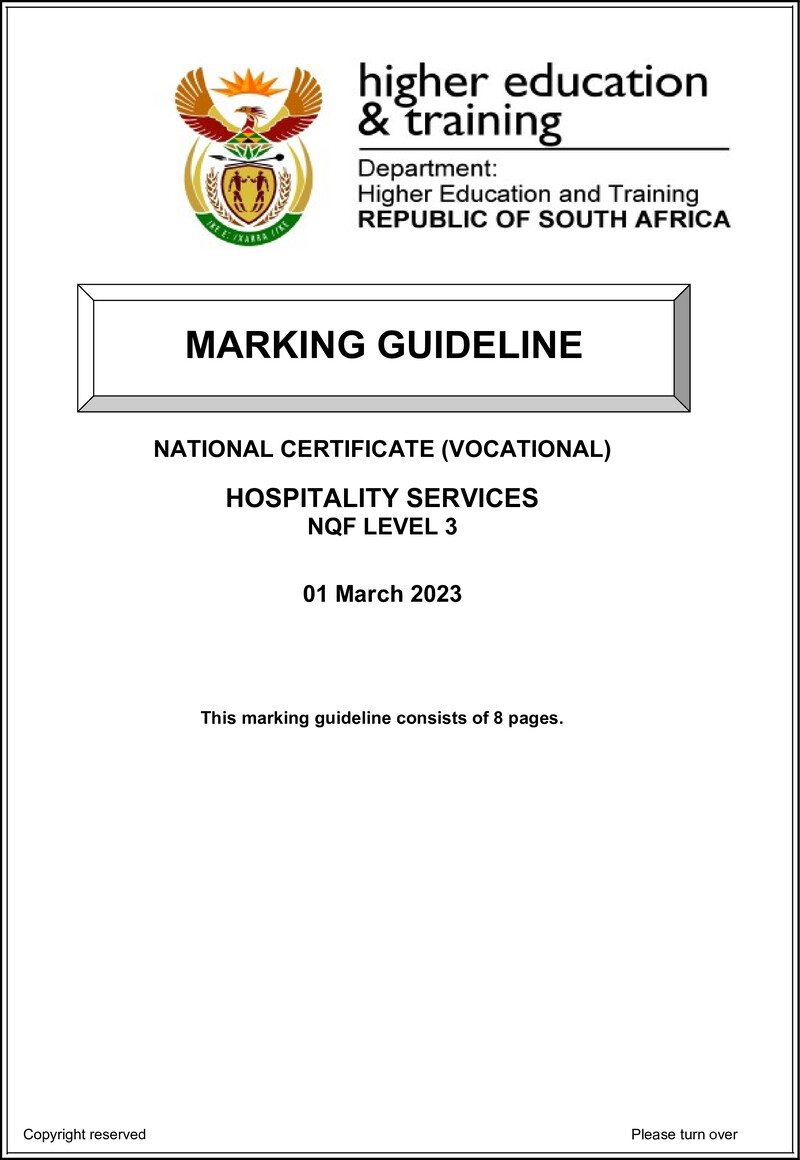 Hospitality Services Level 3 DHET NCV March 2023 - Memo