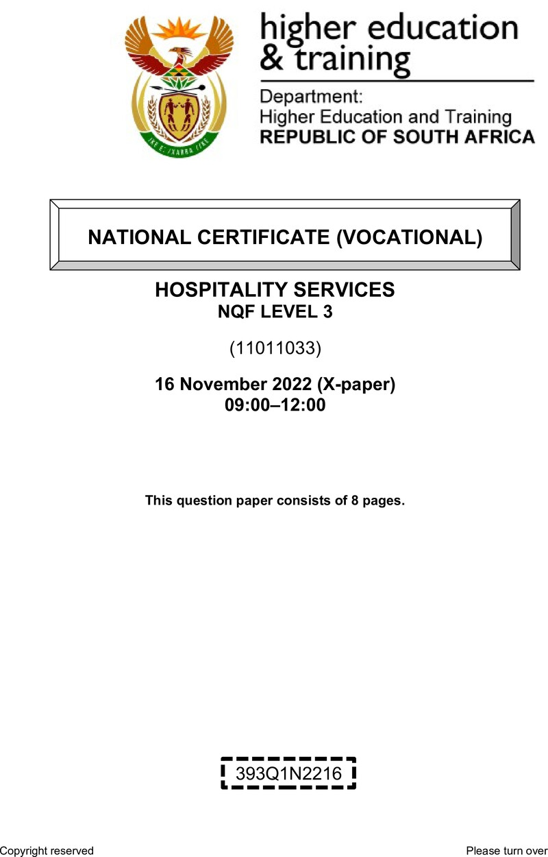 Hospitality Services Level 3 DHET NCV 2022 Paper X - Question Paper