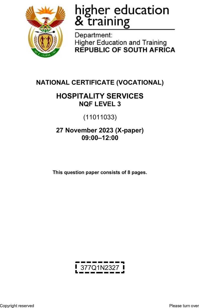 Hospitality Services Level 3 DHET NCV November 2023 Paper X - Question Paper