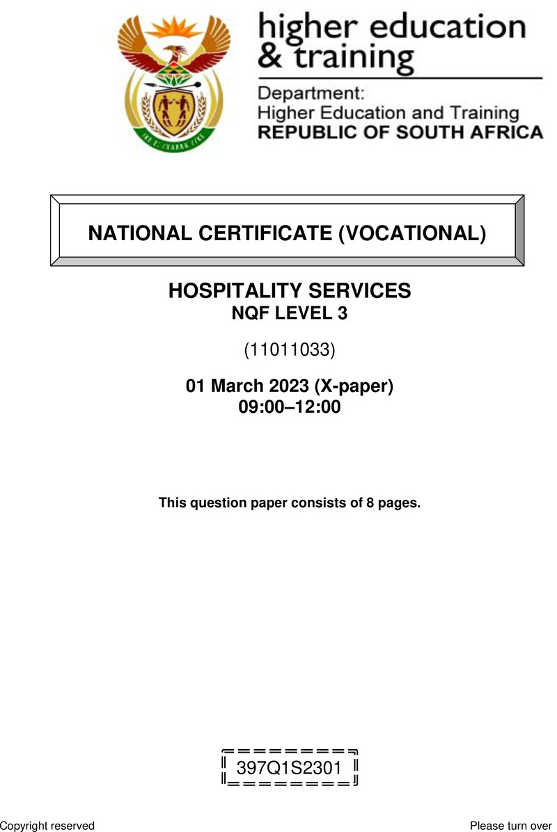 Hospitality Services Level 3 DHET NCV March 2023 Paper X - Question Paper