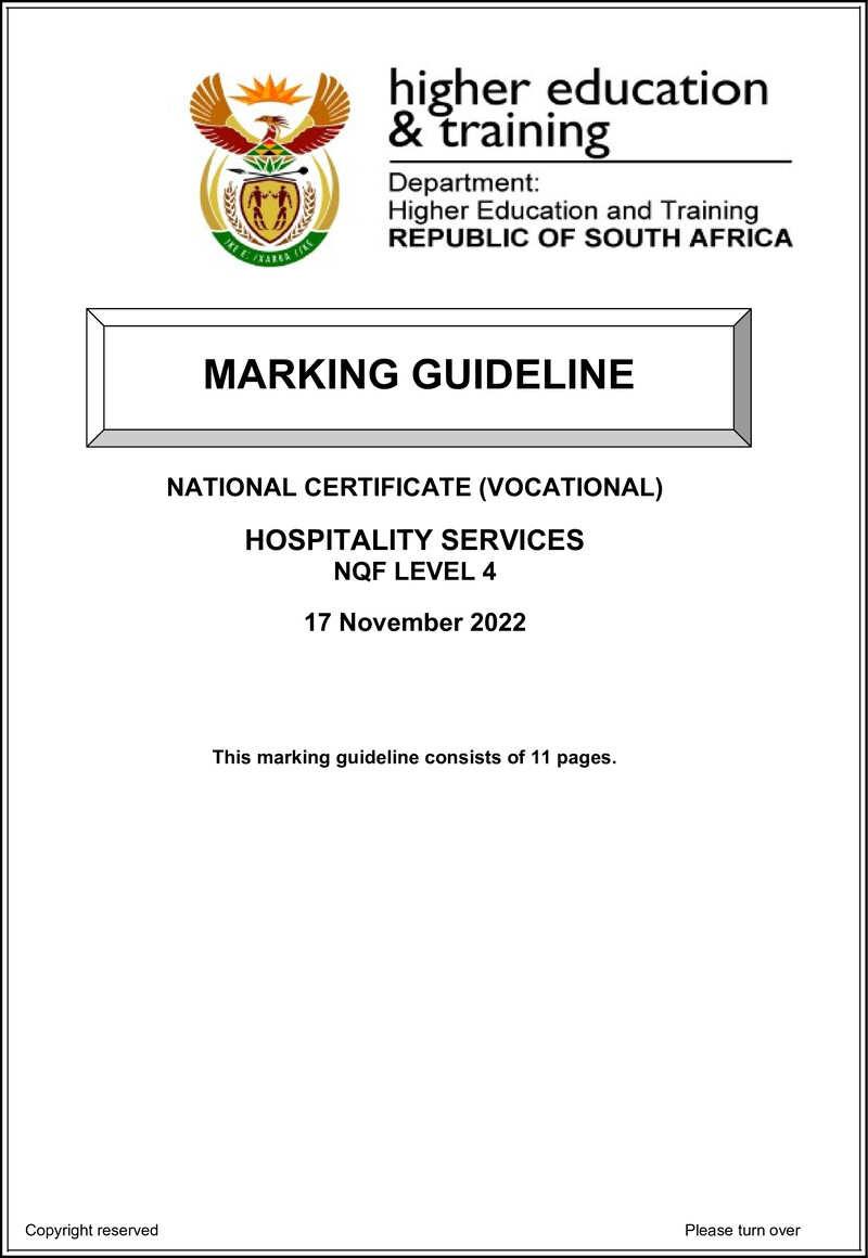 Hospitality Services Level 4 DHET NCV 2022 - Memo