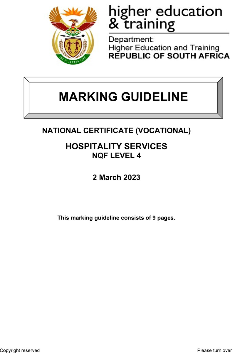 Hospitality Services Level 4 DHET NCV March 2023 - Memo