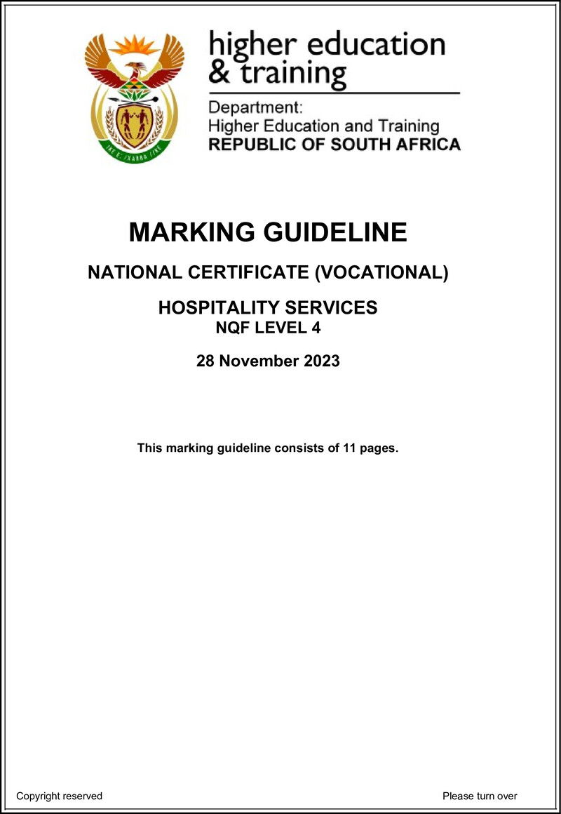 Hospitality Services Level 4 DHET NCV 2023 - Memo