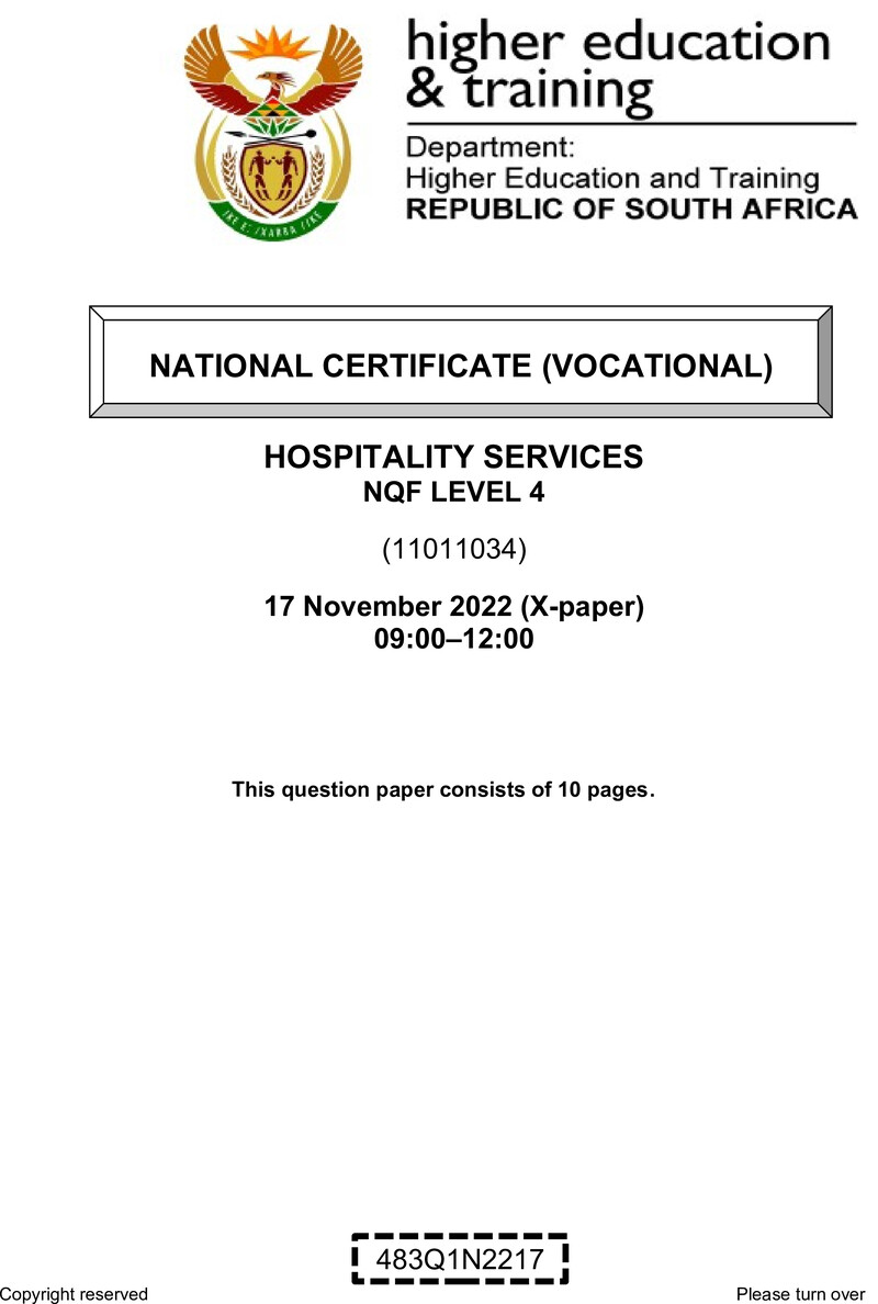 Hospitality Services Level 4 DHET NCV November 2022 Paper X - Question Paper