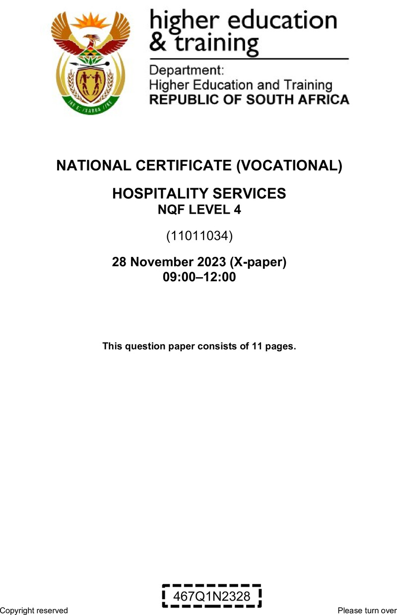 Hospitality Services Level 4 DHET NCV 2023 Paper X - Question Paper