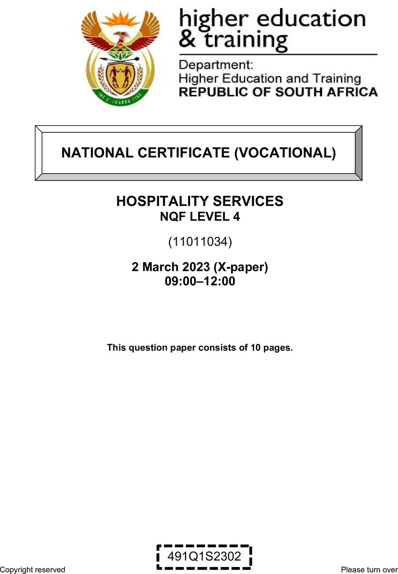 Hospitality Services Level 4 DHET NCV March 2023 Paper X - Question Paper