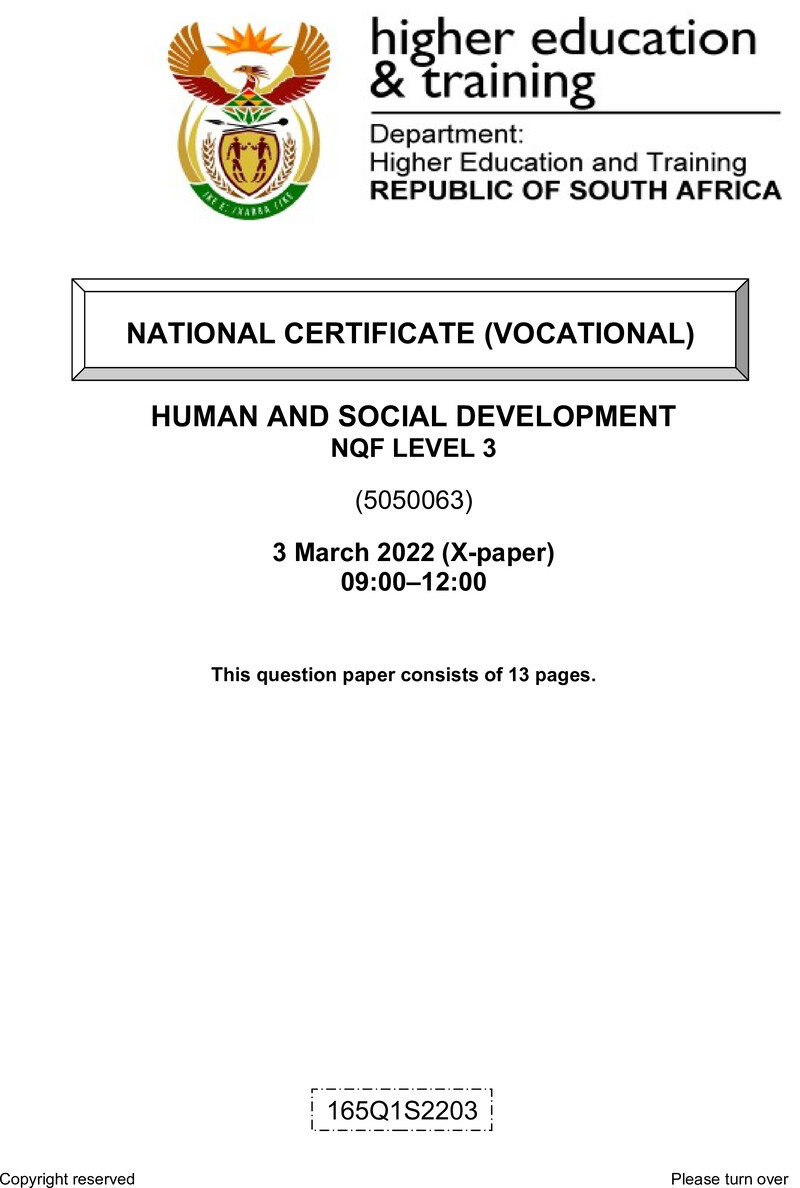 Human and Social Development Level 3 DHET NCV March 2022 Paper X - Question Paper