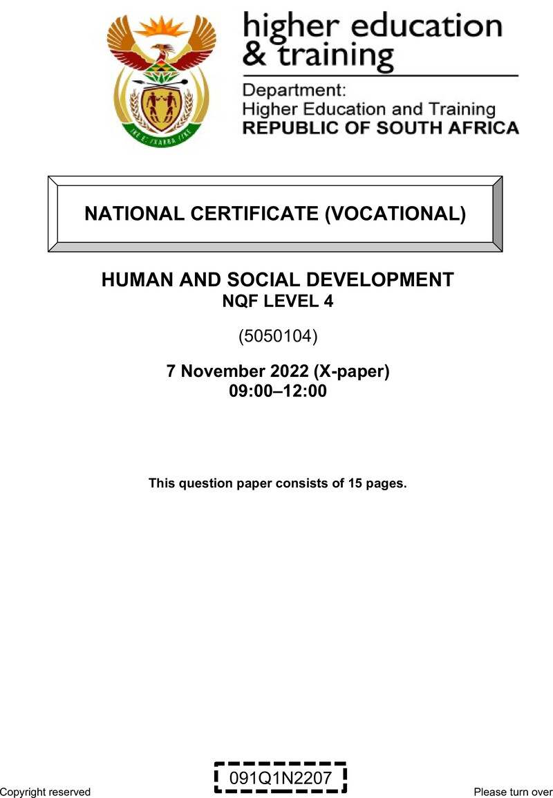 Human and Social Development Level 4 DHET NCV November 2022 Paper X - Question Paper