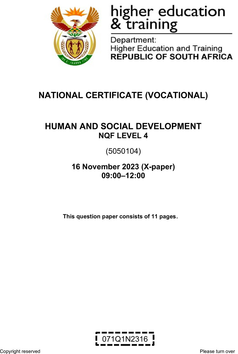 Human and Social Development Level 4 DHET NCV November 2023 Paper X - Question Paper