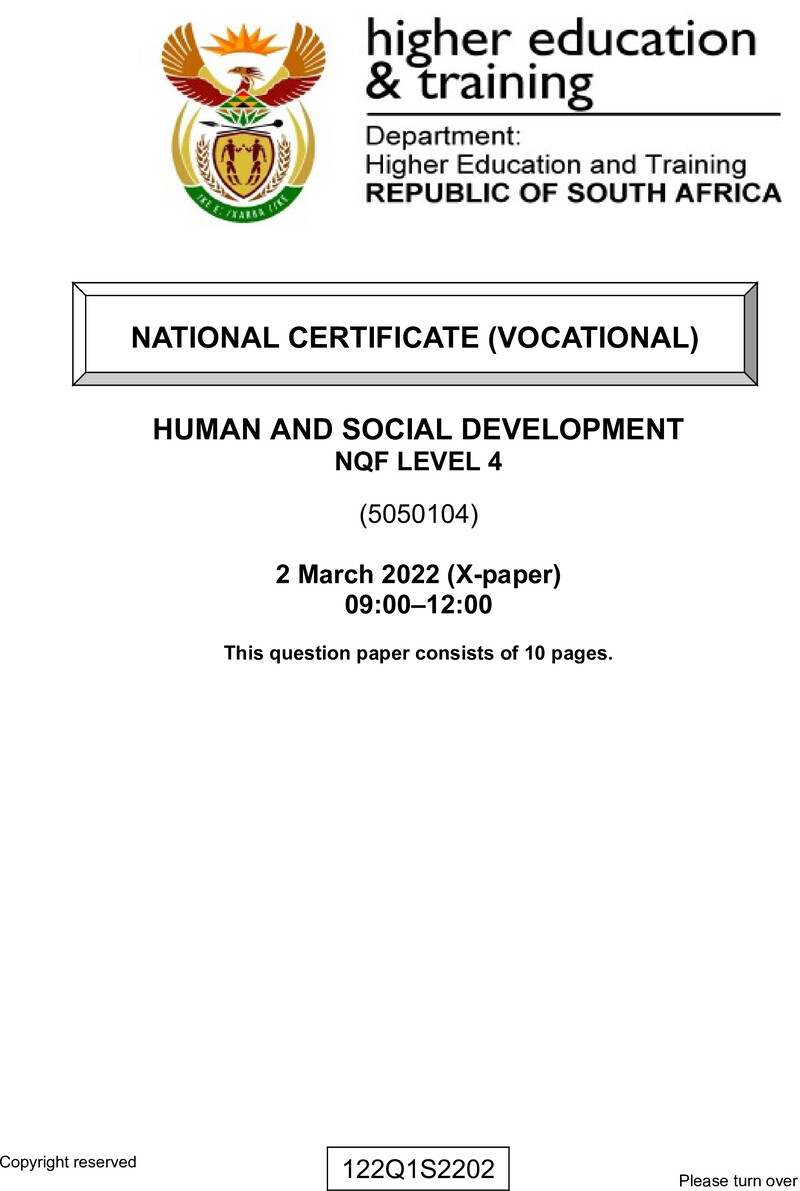 Human and Social Development Level 4 DHET NCV March 2022 Paper X - Question Paper