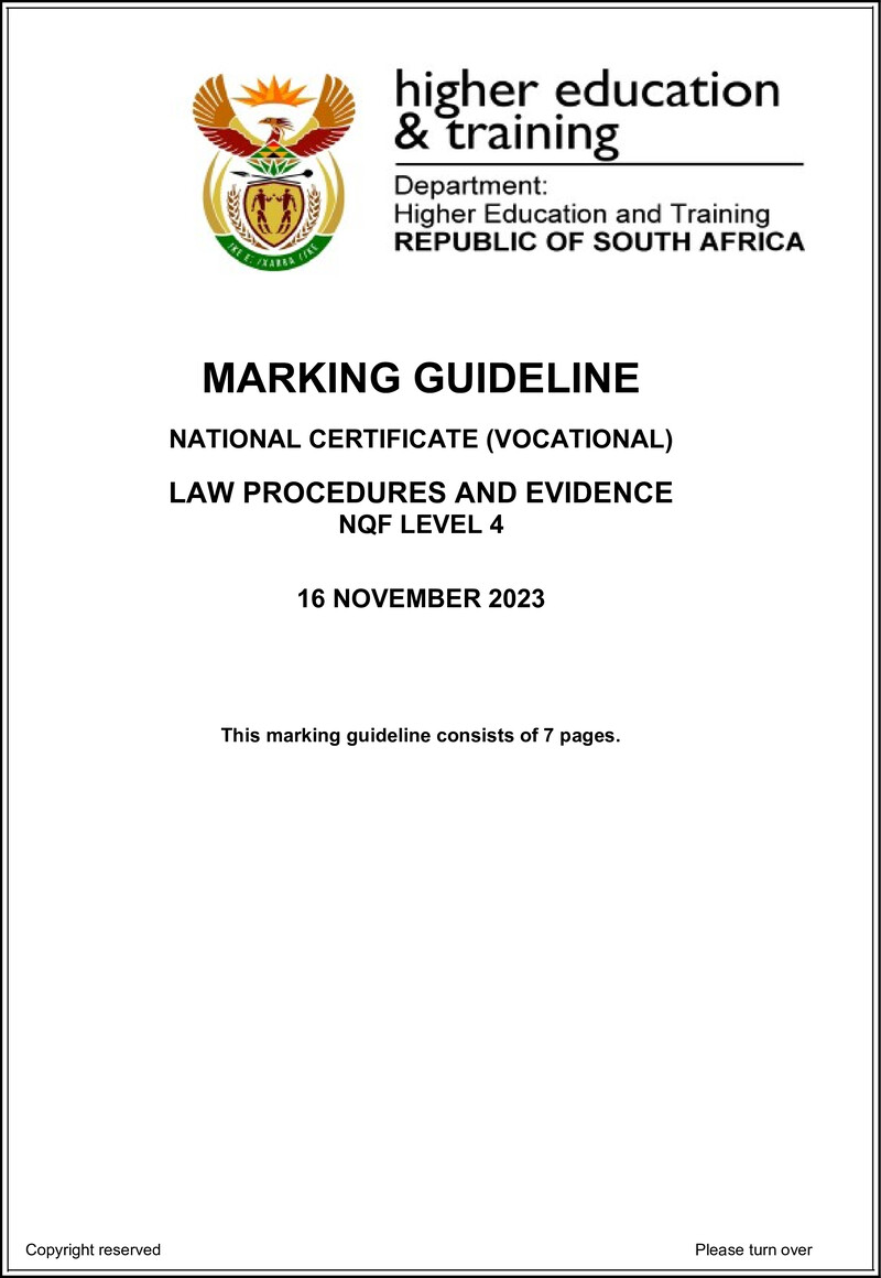Law Procedures and Evidence Level 4 DHET NCV 2023 - Memo