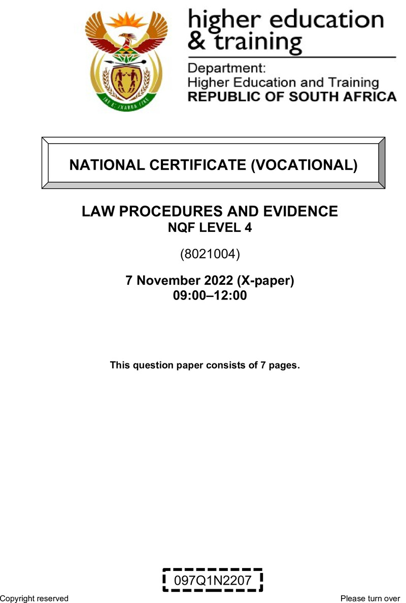 Law Procedures and Evidence Level 4 DHET NCV November 2022 Paper X - Question Paper