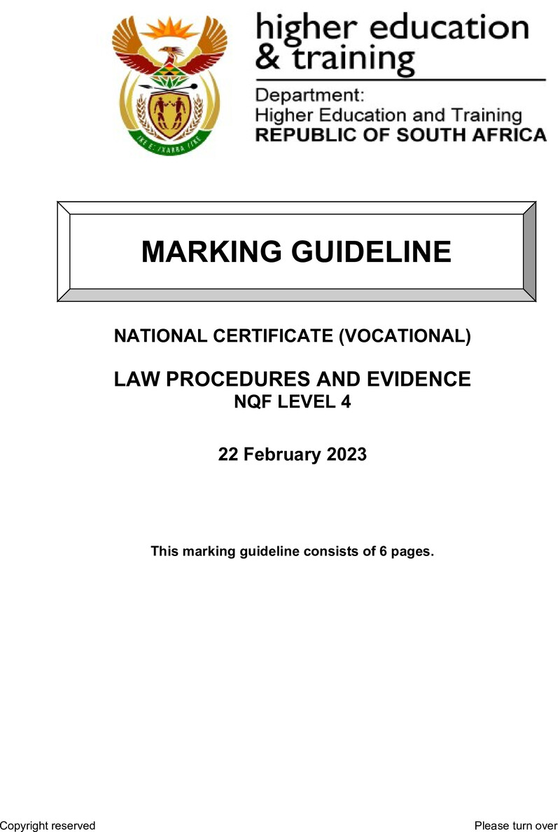 Law Procedures and Evidence Level 4 DHET NCV 2023 - Memo