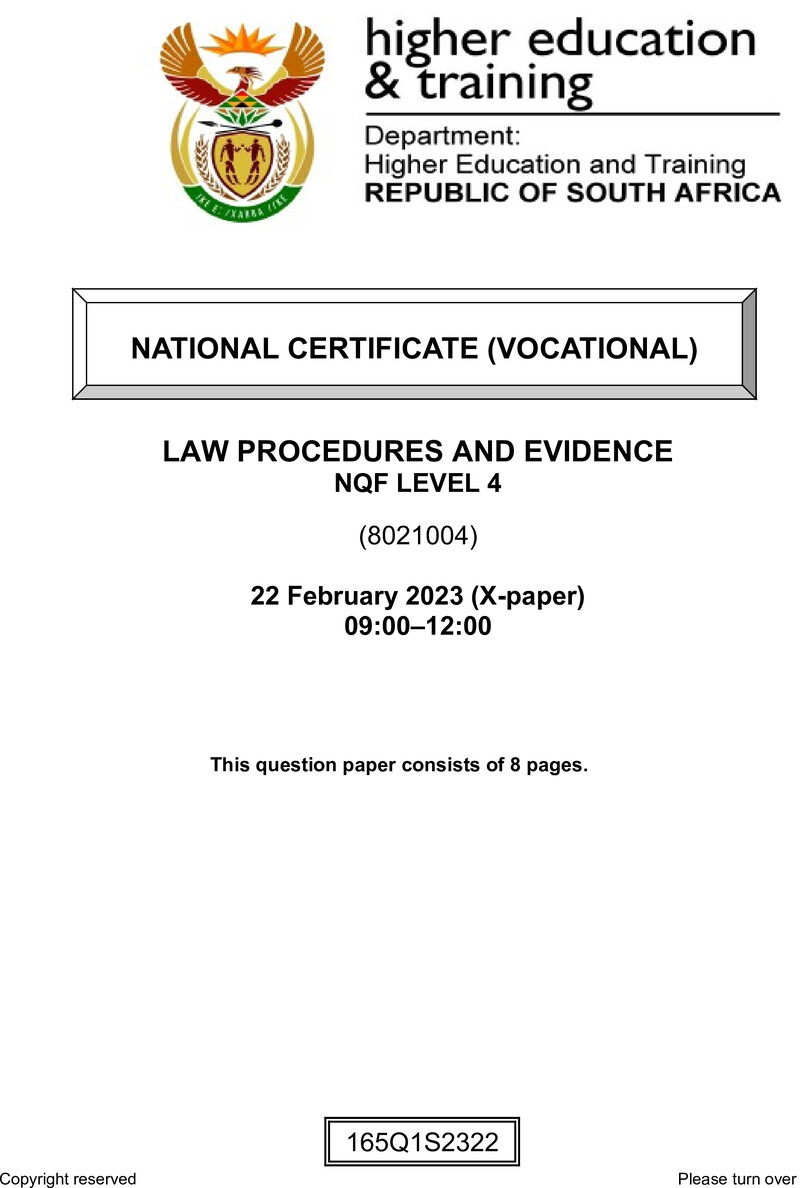 Law Procedures and Evidence Level 4 DHET NCV February 2023 Paper X - Question Paper