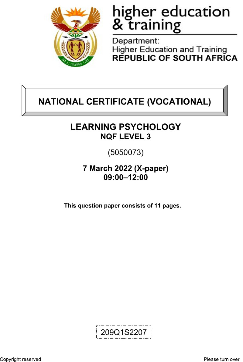 Learning Psychology Level 3 DHET NCV March 2022 Paper X - Question Paper