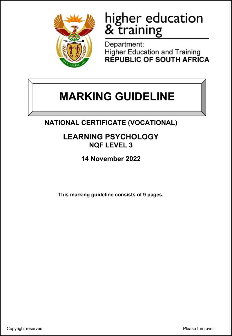 Learning Psychology Level 3 DHET NCV 2022 - Memo