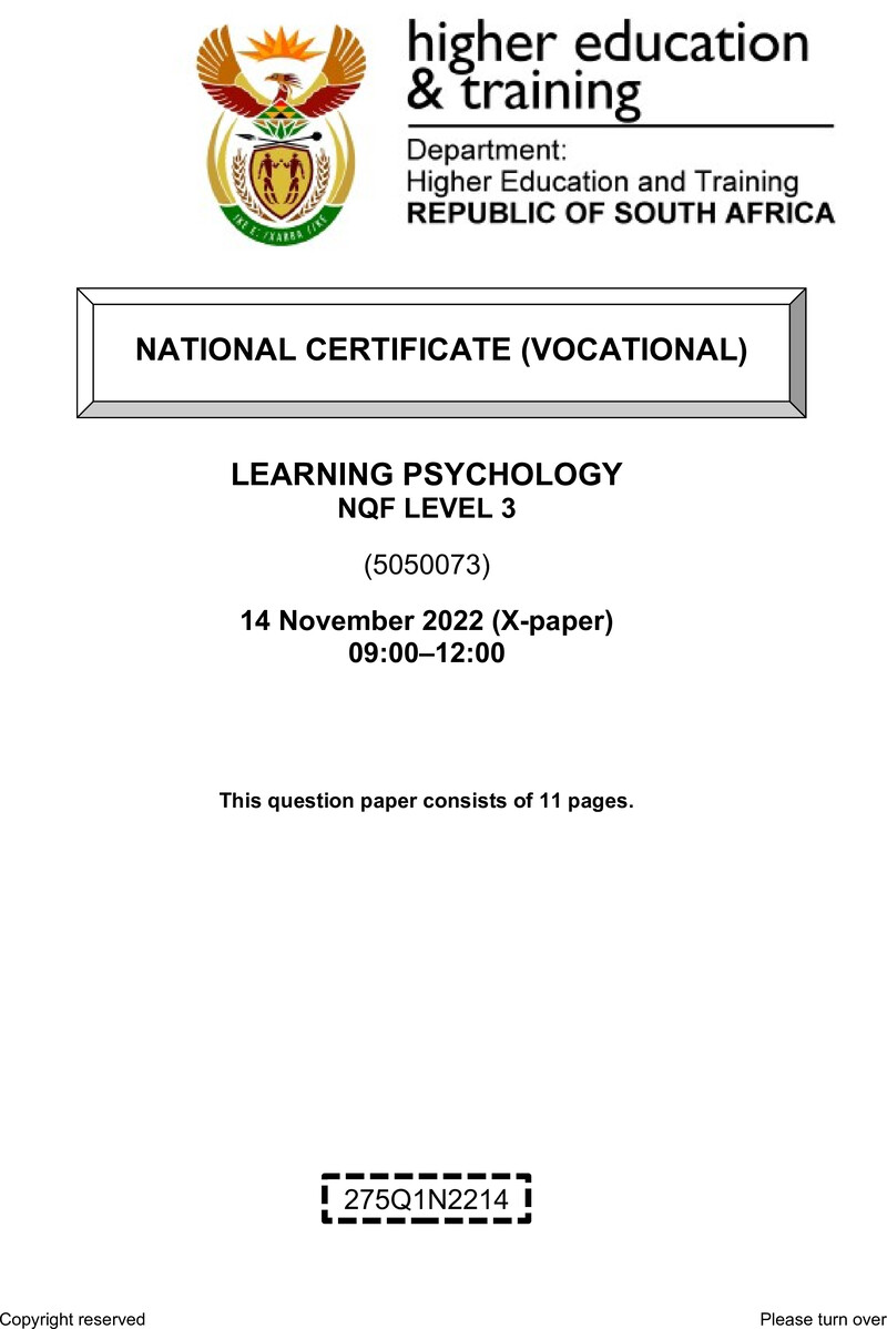 Learning Psychology Level 3 DHET NCV November 2022 Paper X - Question Paper