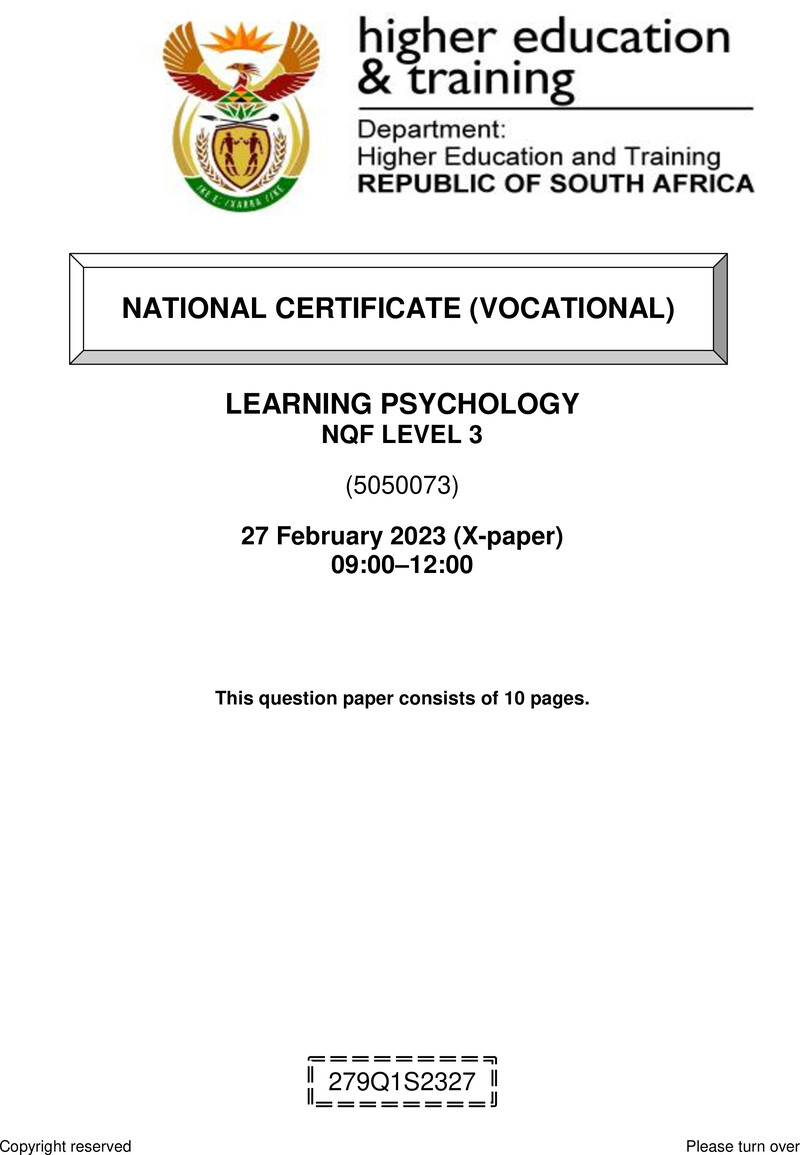 Learning Psychology Level 3 DHET NCV February 2023 Paper X - Question Paper