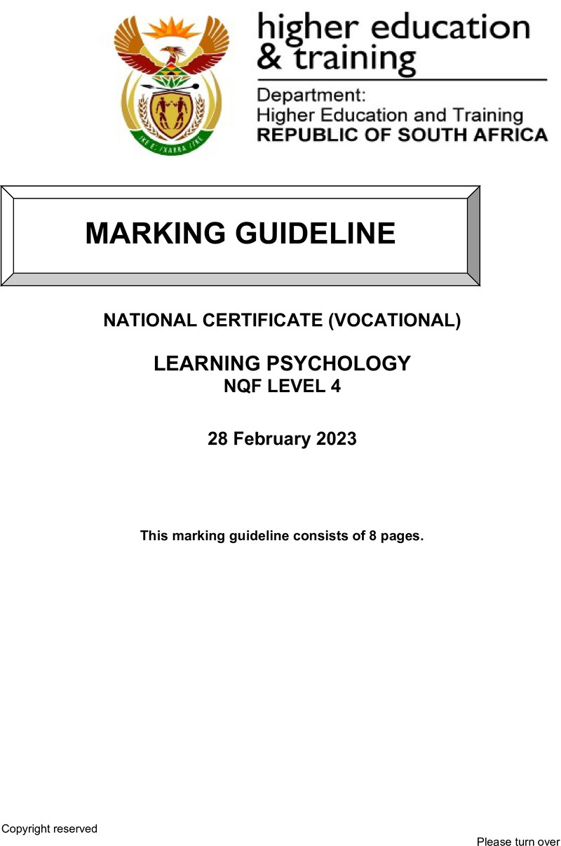 Learning Psychology Level 4 DHET NCV 2023 - Memo
