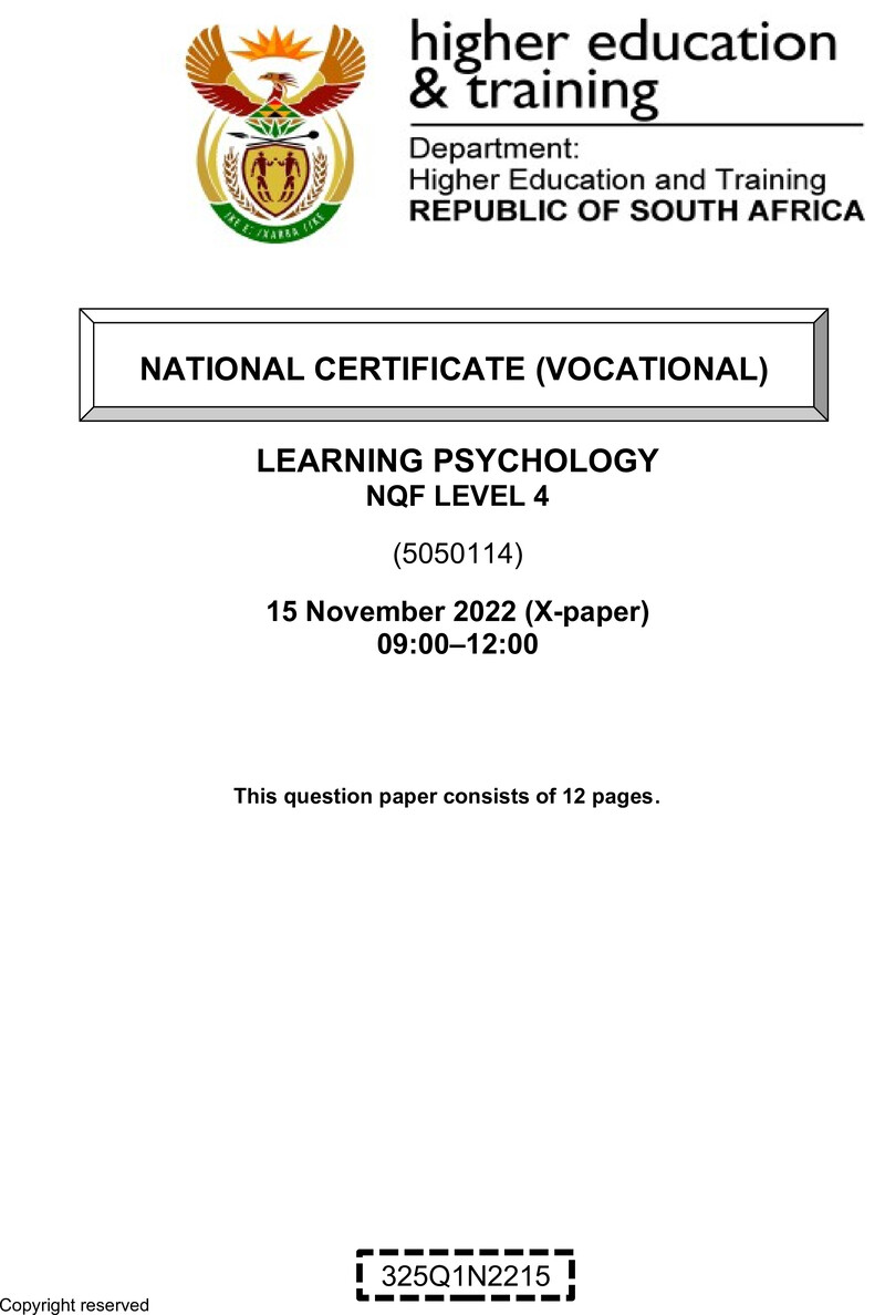 Learning Psychology Level 4 DHET NCV November 2022 Paper X - Question Paper