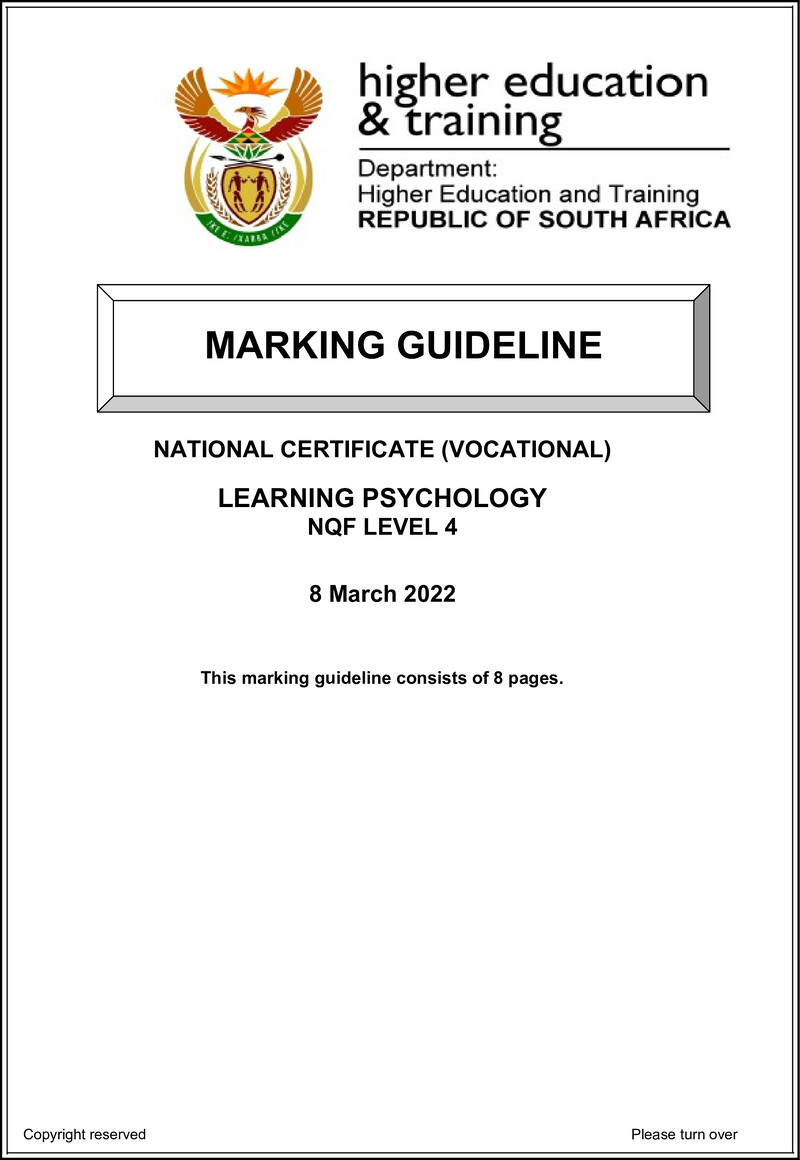 Learning Psychology Level 4 DHET NCV March 2022 - Memo