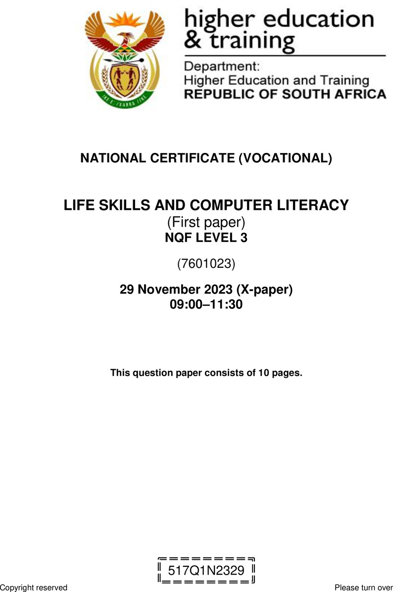 Life Skills and Computer Literacy Level 3 DHET NCV November 2023 Paper X - Question Paper