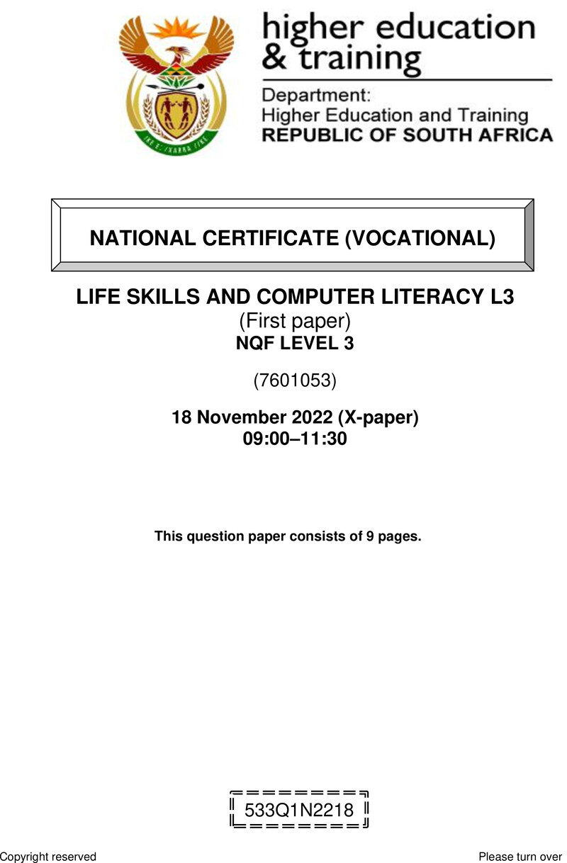 Life Skills and Computer Literacy Level 3 DHET NCV November 2022 Paper X - Question Paper