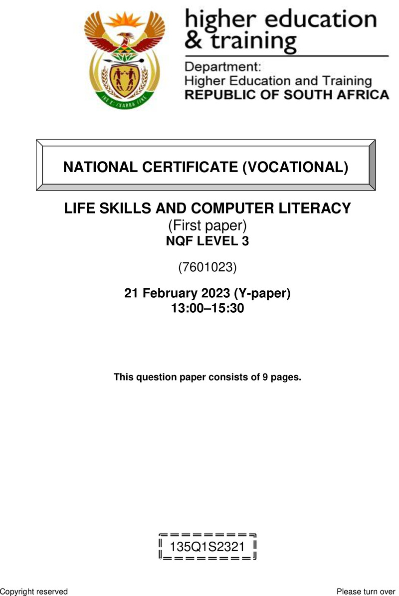 Life Skills and Computer Literacy Level 3 DHET NCV February 2023 Paper Y - Question Paper
