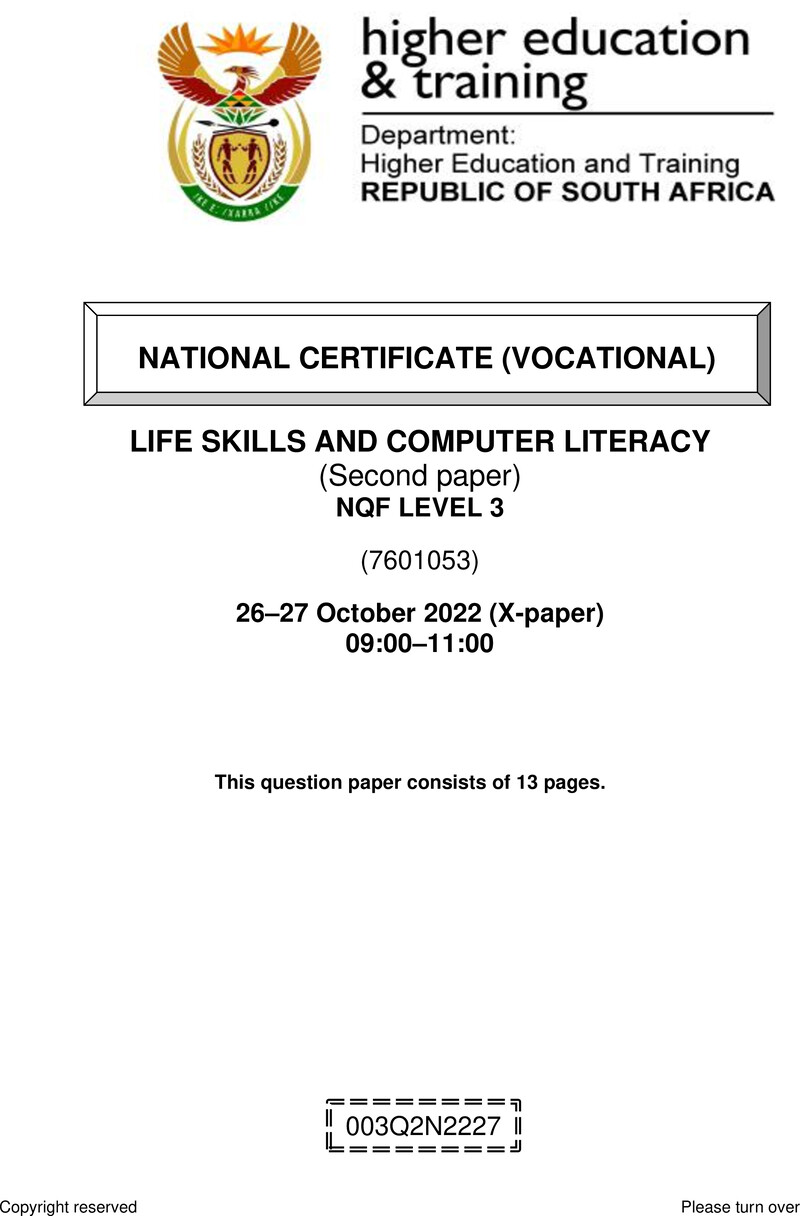 Life Skills and Computer Literacy Level 3 DHET NCV October 2022 Paper X - Question Paper