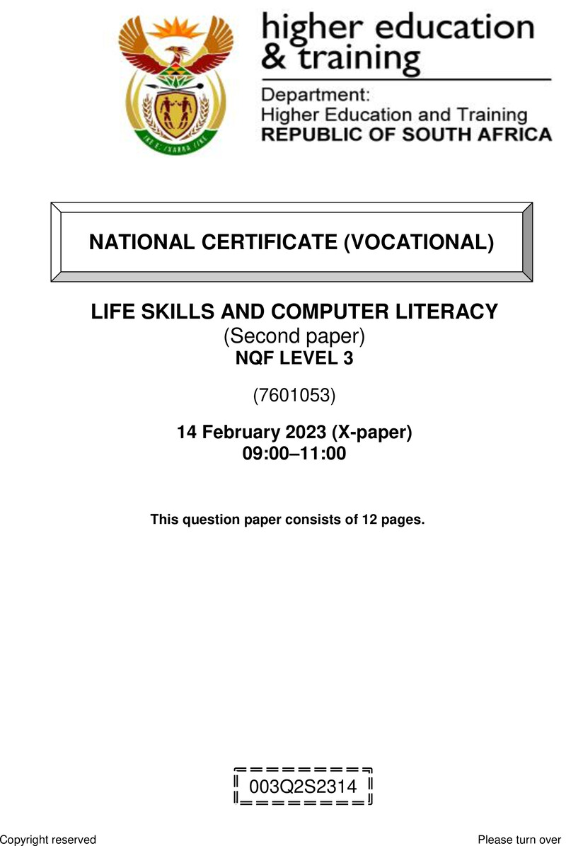Life Skills and Computer Literacy Level 3 DHET NCV February 2023 Paper X - Question Paper