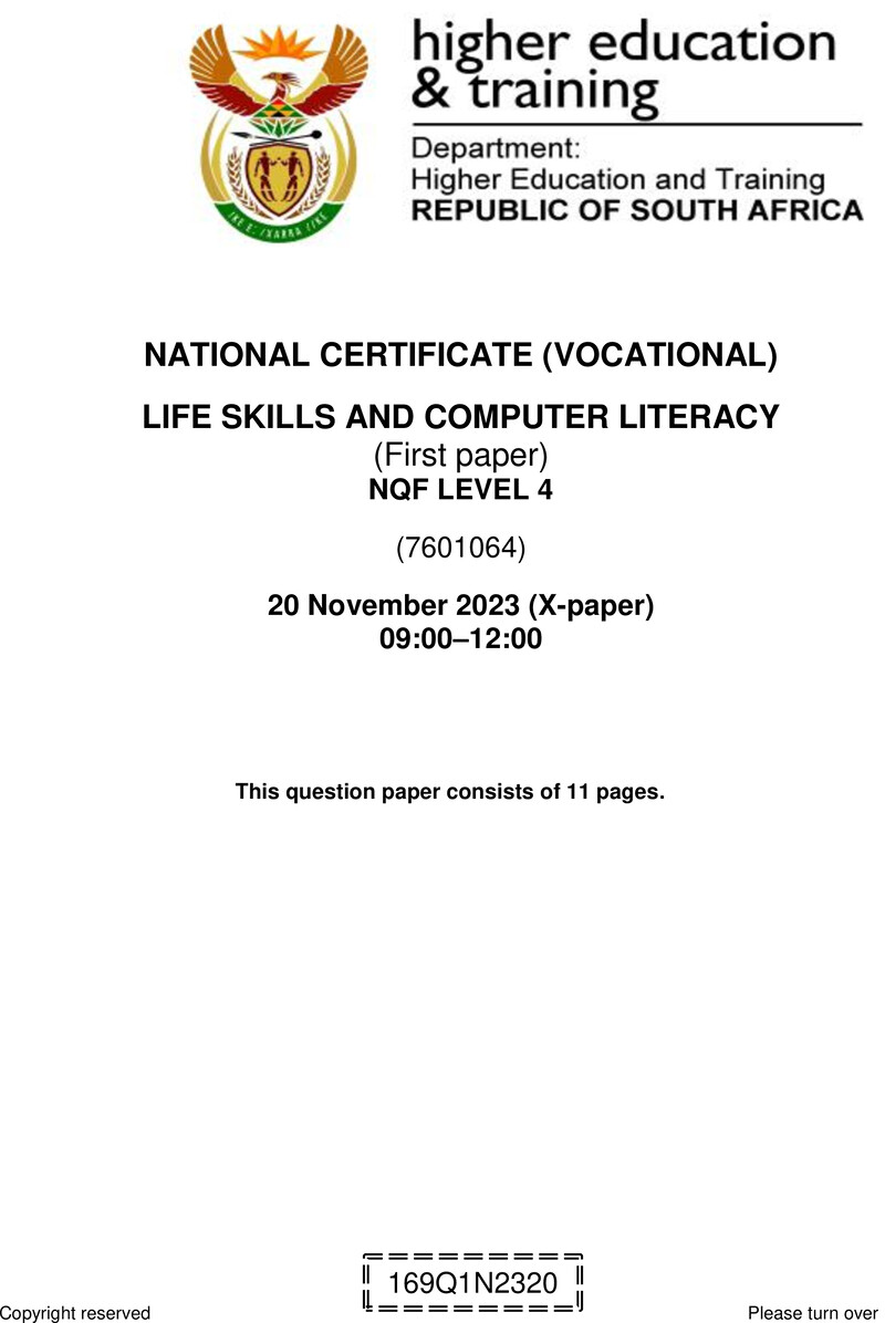 Life Skills And Computer Literacy Level 4 Dhet NCV November 2023 Paper 10 - Question Paper