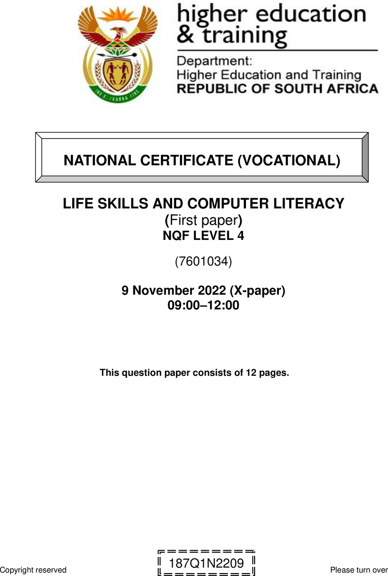 Life Skills And Computer Literacy Level 4 Dhet NCV November 2022 Paper 10 - Question Paper